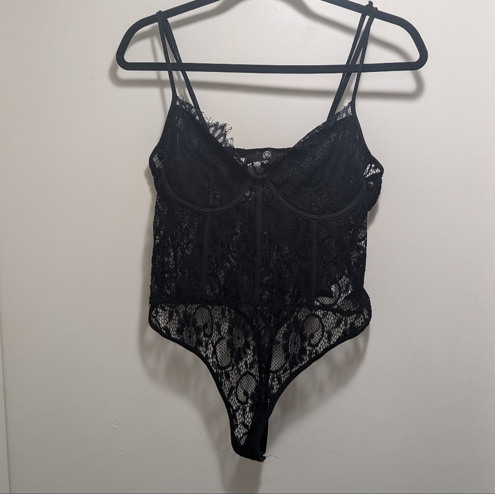 Missguided Black Lace High Cut Body Suit Lingerie Sz 12